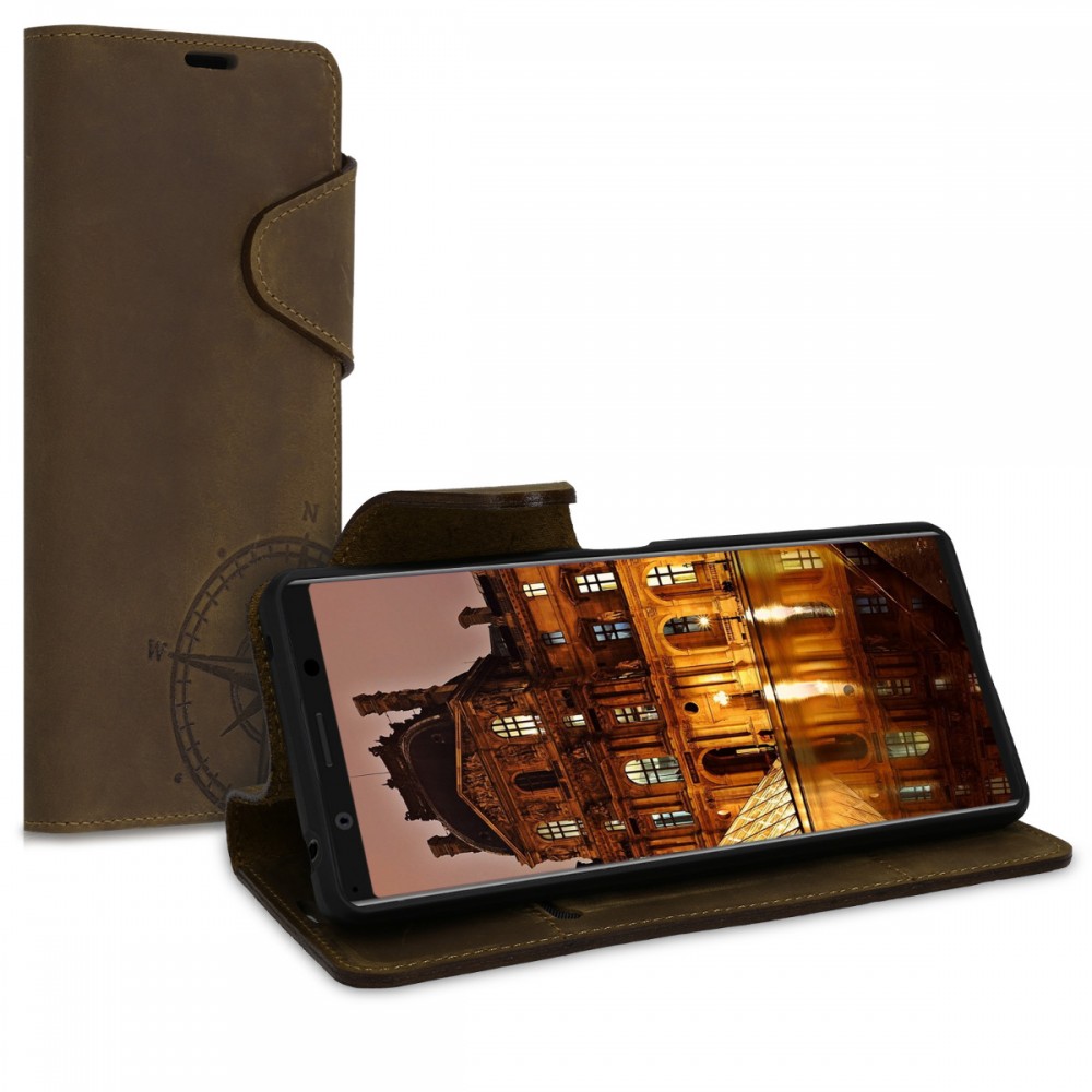 Doctor of Philosophy Simplify next Husa Flip din piele cu design busolă pentru Sony Xperia 1 II - maro